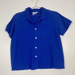Hot Cotton Shirt Womens Small Blue Short Sleeve Linen Button Front Top Made USA